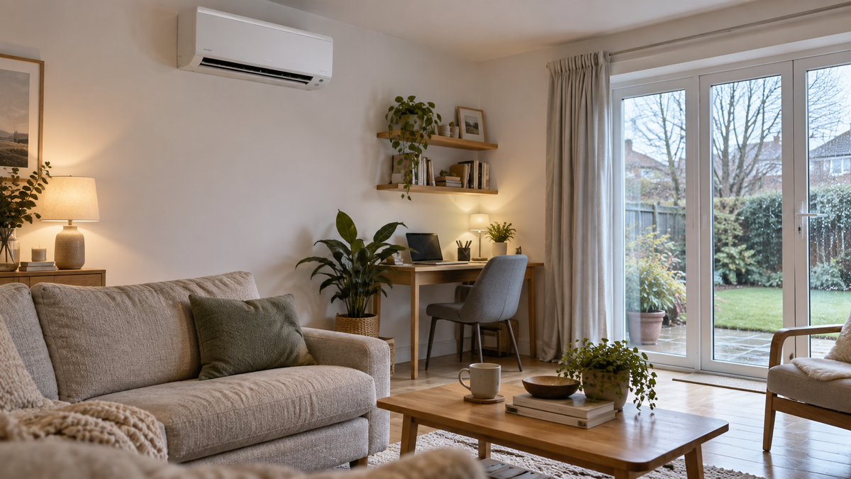 Illustrative winter interior with a wall-mounted air conditioning unit; AI-generated lifestyle image