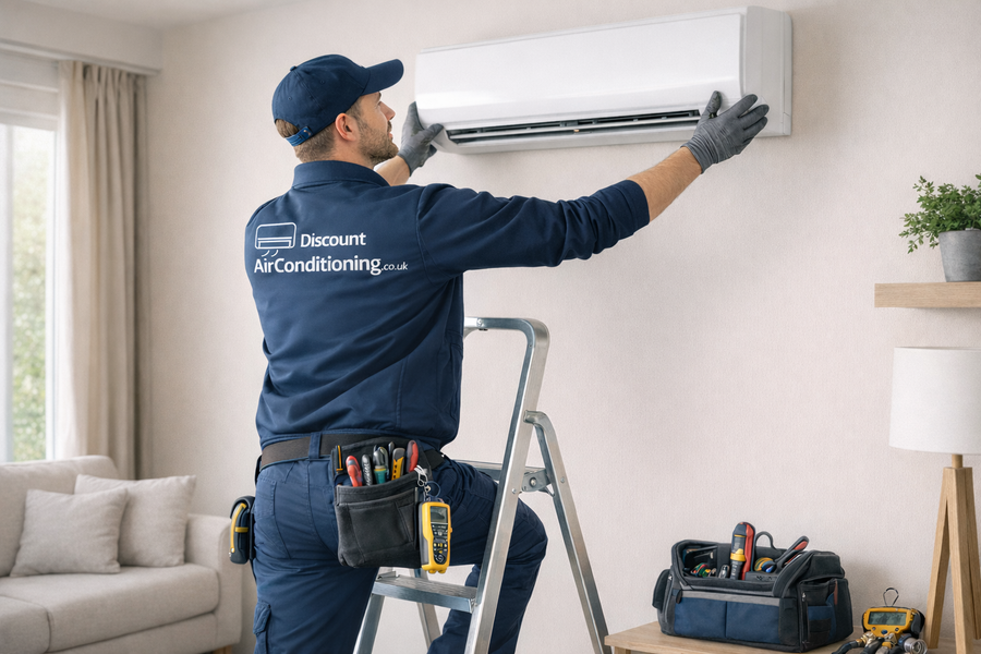 Wall mounted air conditioning system being installed by Discount Air Conditioning
